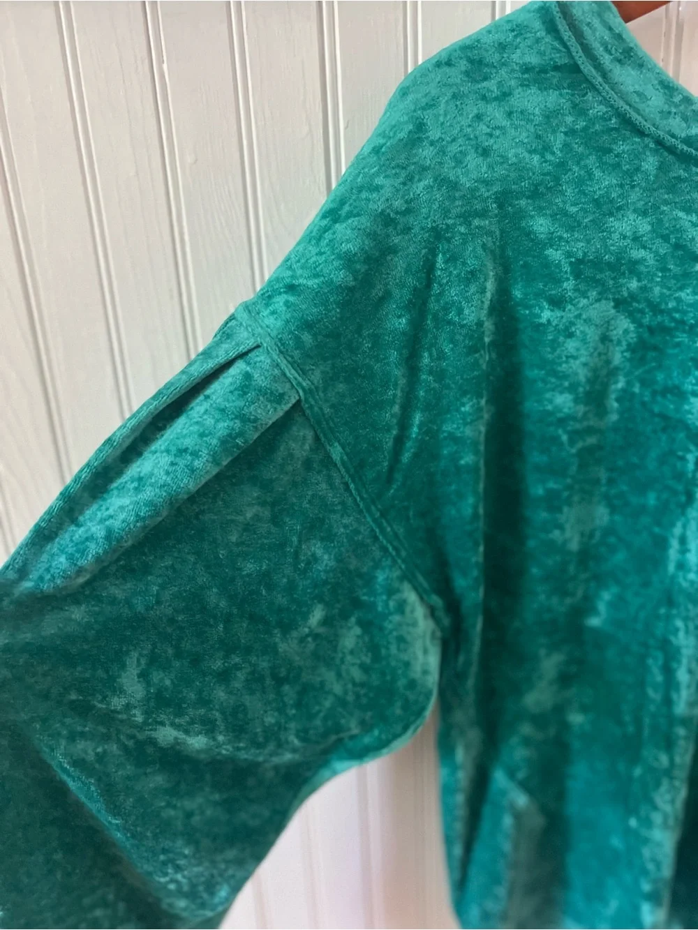 We The Free Free People Green Crushed Velvet Top Puff Sleeve XS Boho Cottage